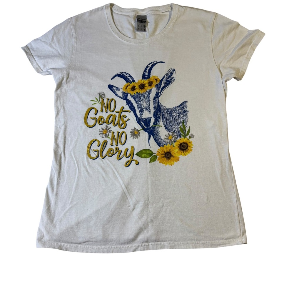 No Goats No Glory Sunflower Gildan Graphic Tee White Medium Women Short Sleeve